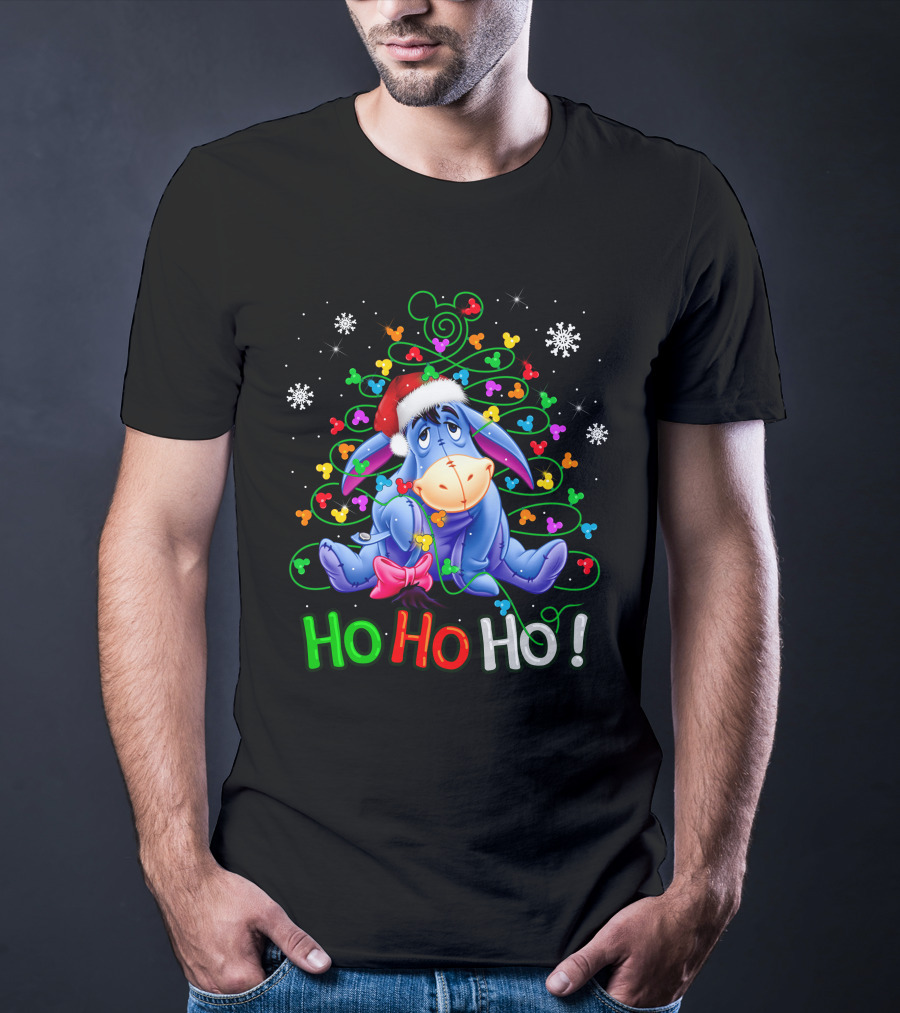 Eeyore Ho Ho Ho Christmas Tree Santa Hat Snowflakes Holiday Disney T-Shirt