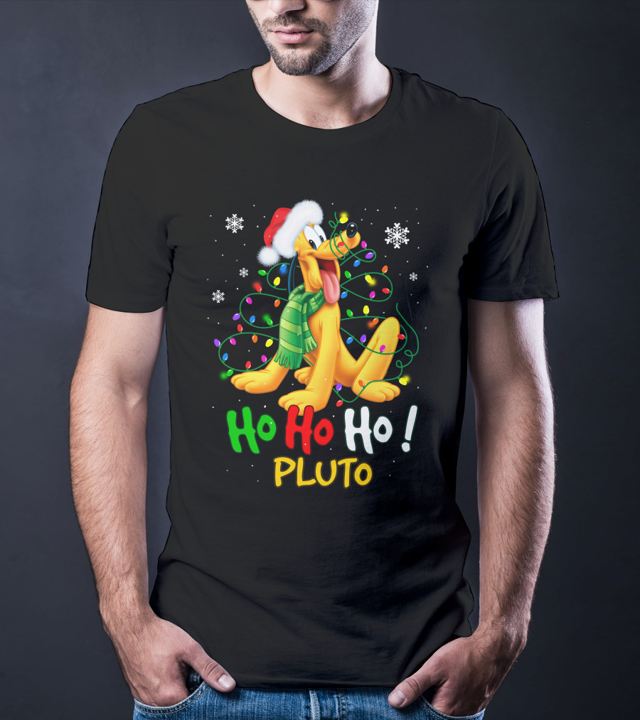 Pluto Ho Ho Ho Christmas Lights Santa Hat T-Shirt
