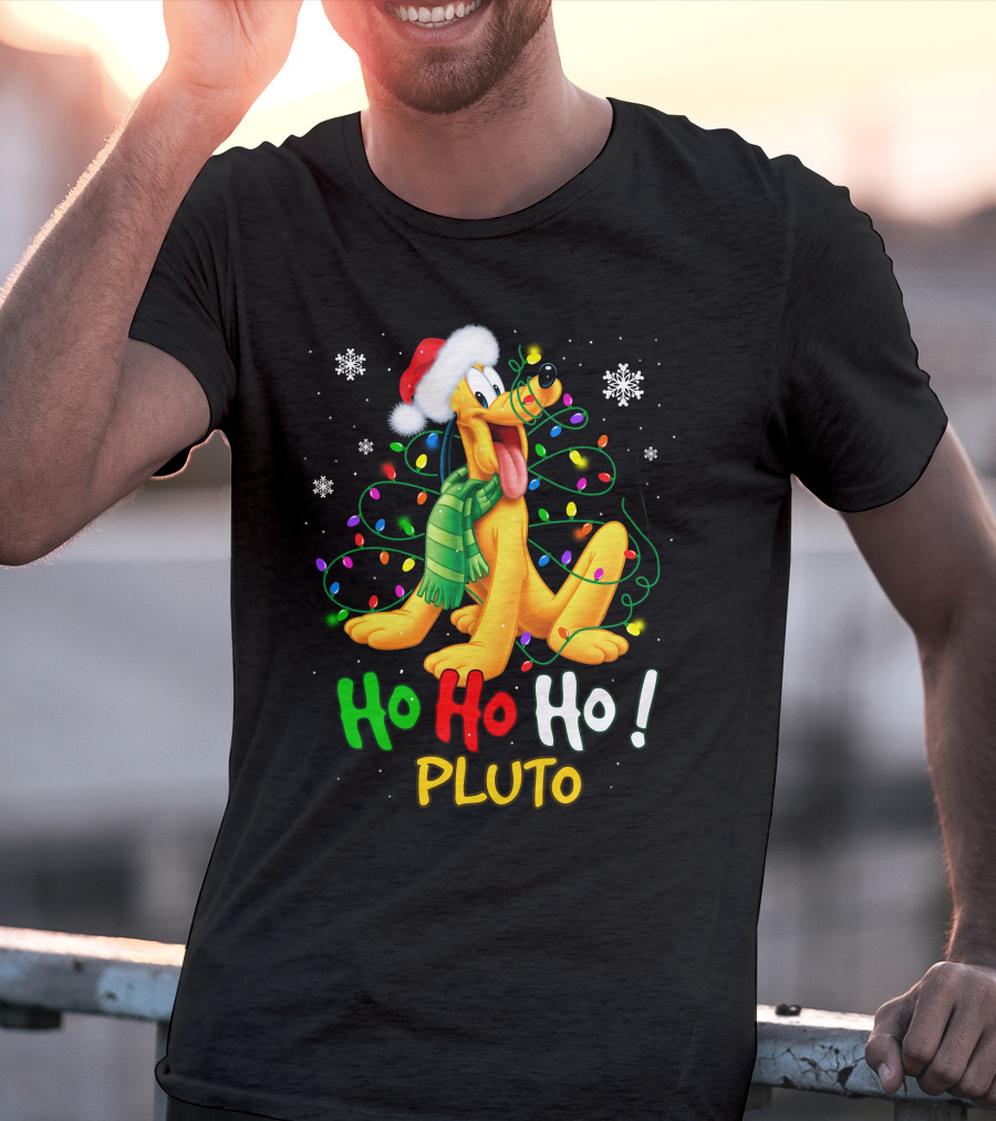 Pluto Ho Ho Ho Christmas Lights Santa Hat T-Shirt