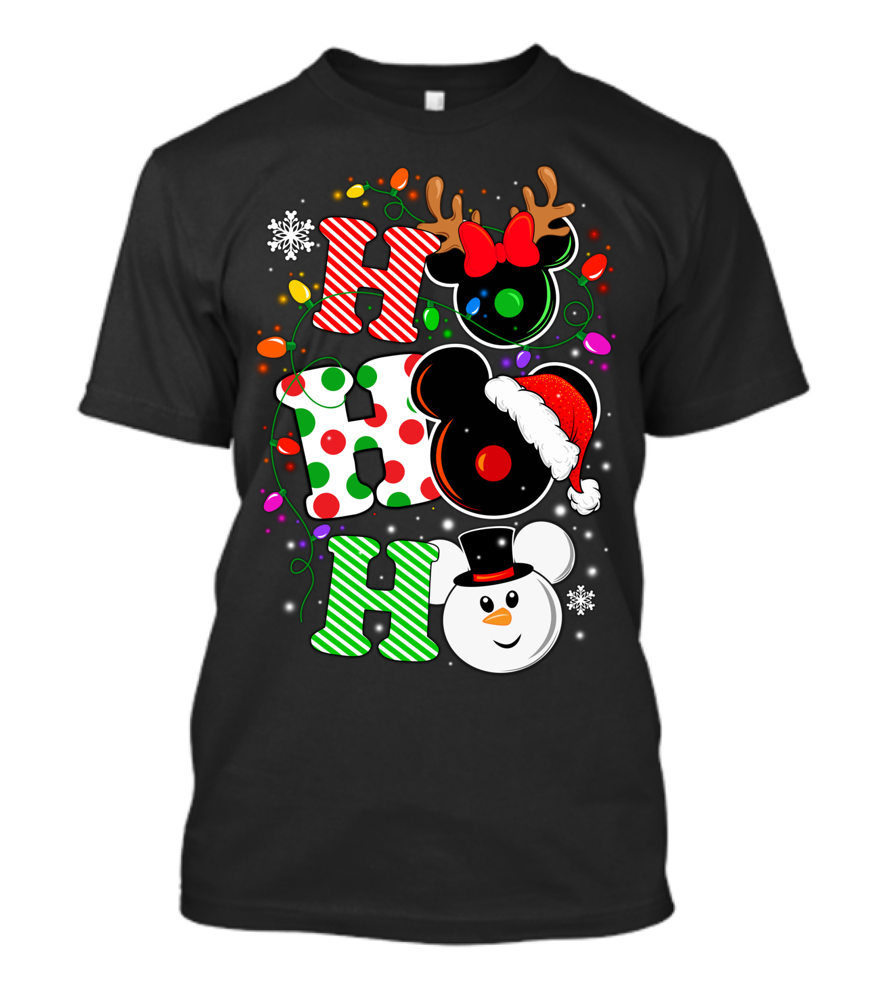 Disney Hohoho Christmas Mickey Mouse Holiday Lights Santa Hat Snowman Antlers T-Shirt