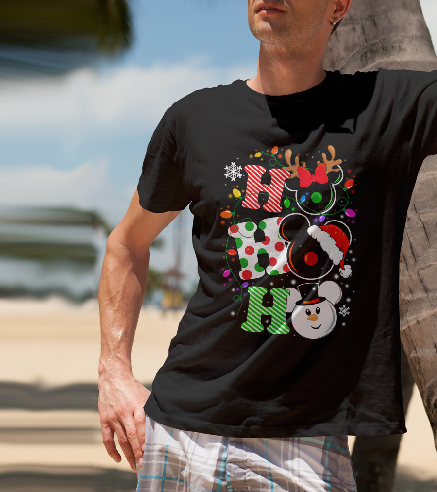 Disney Hohoho Christmas Mickey Mouse Holiday Lights Santa Hat Snowman Antlers T-Shirt