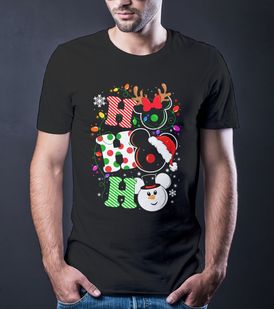 Disney Hohoho Christmas Mickey Mouse Holiday Lights Santa Hat Snowman Antlers T-Shirt