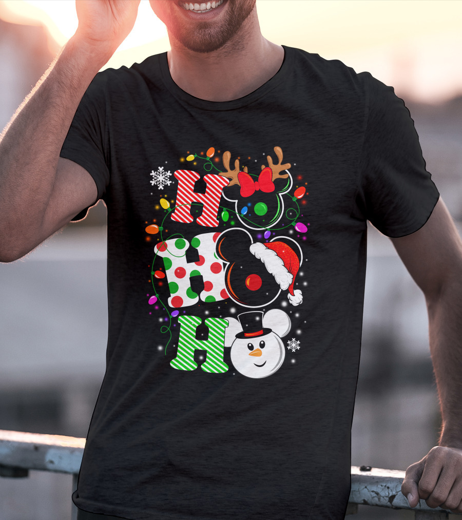 Disney Hohoho Christmas Mickey Mouse Holiday Lights Santa Hat Snowman Antlers T-Shirt