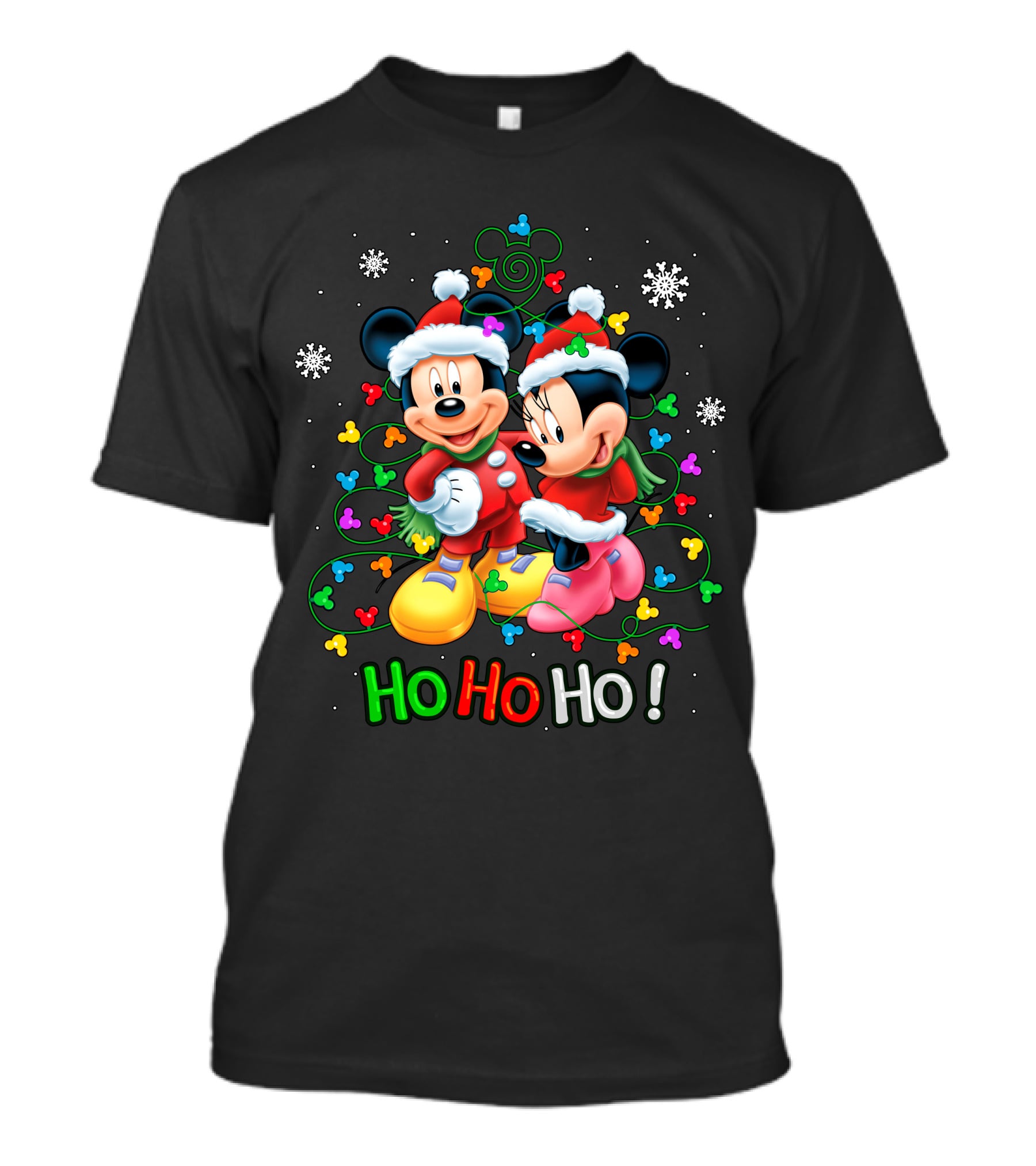 Mickey And Minnie Hohoho Christmas Santa Hats Snowflakes Holiday Tree Lights T-Shirt