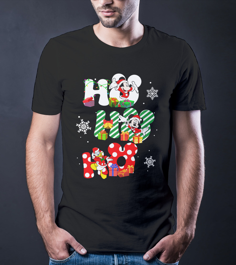 Mickey Mouse And Donald Duck Ho Ho Ho Christmas Snowflakes And Presents T-Shirt