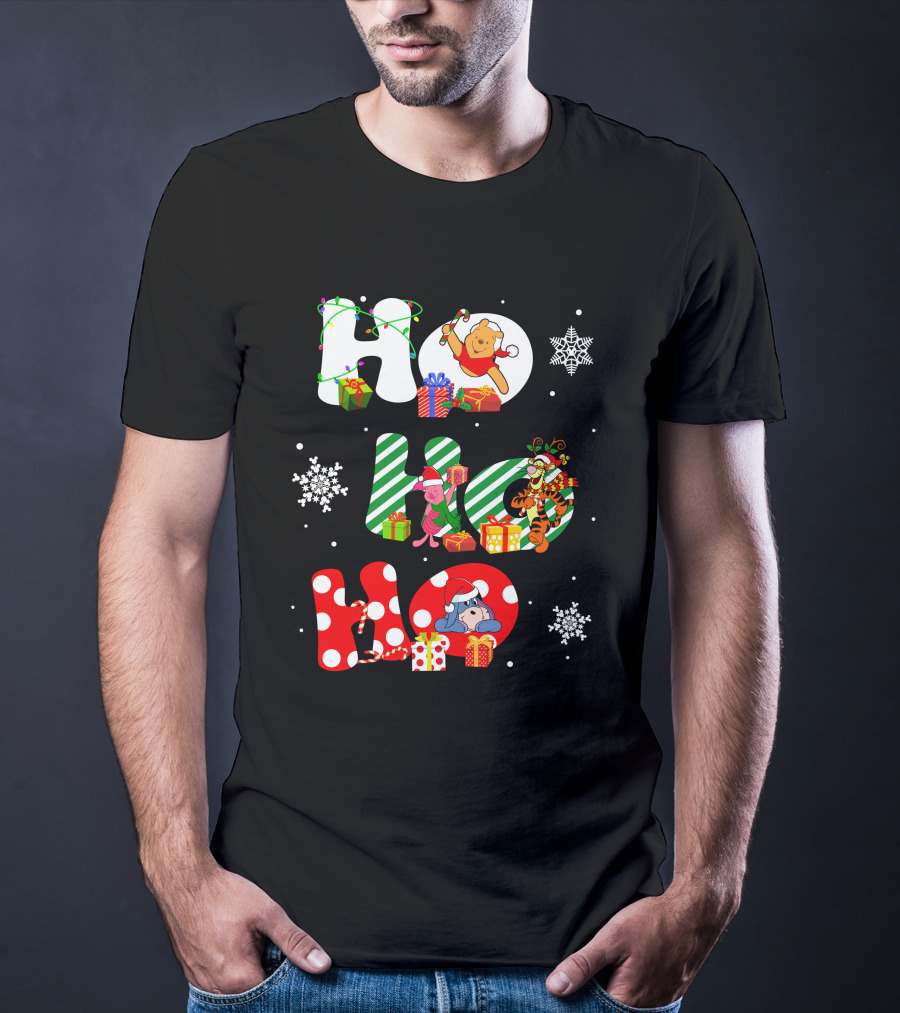 Ho Ho Ho Christmas Winnie The Pooh With Piglet Tigger Eeyore Holiday Snowflakes And Gifts T-Shirt