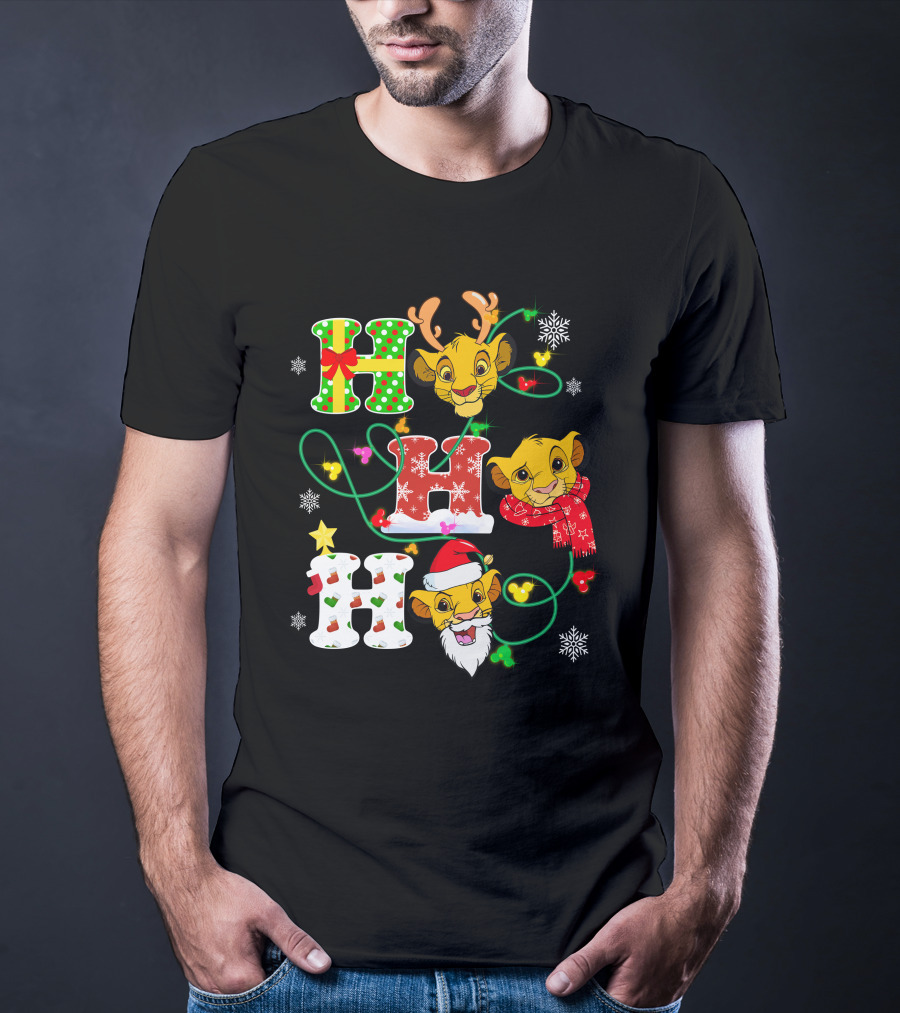 Simba Hohoho Christmas Holiday Festive Lion King Image With Santa Hat Reindeer Antlers Scarf Snowflakes T-Shirt