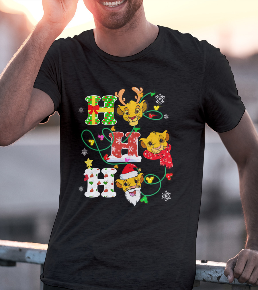 Simba Hohoho Christmas Holiday Festive Lion King Image With Santa Hat Reindeer Antlers Scarf Snowflakes T-Shirt