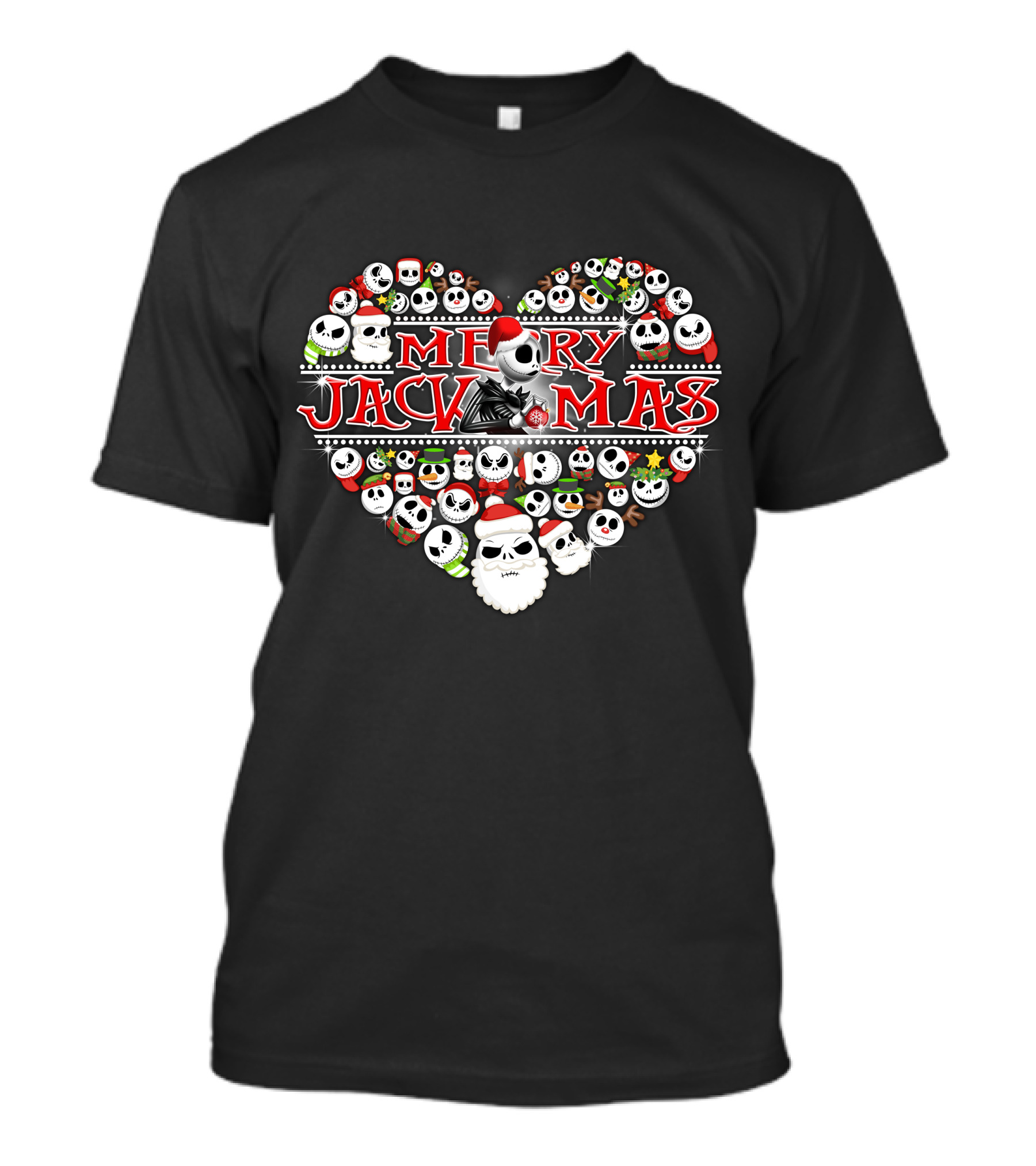 Merry Jackmas Heart Design With Santa Hats And Skulls T-Shirt