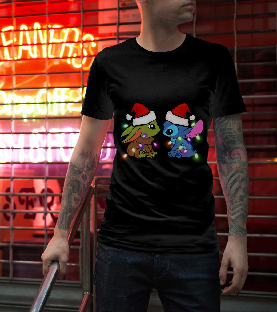 Baby Yoda And Stitch Christmas Lights Santa Hats T-Shirt