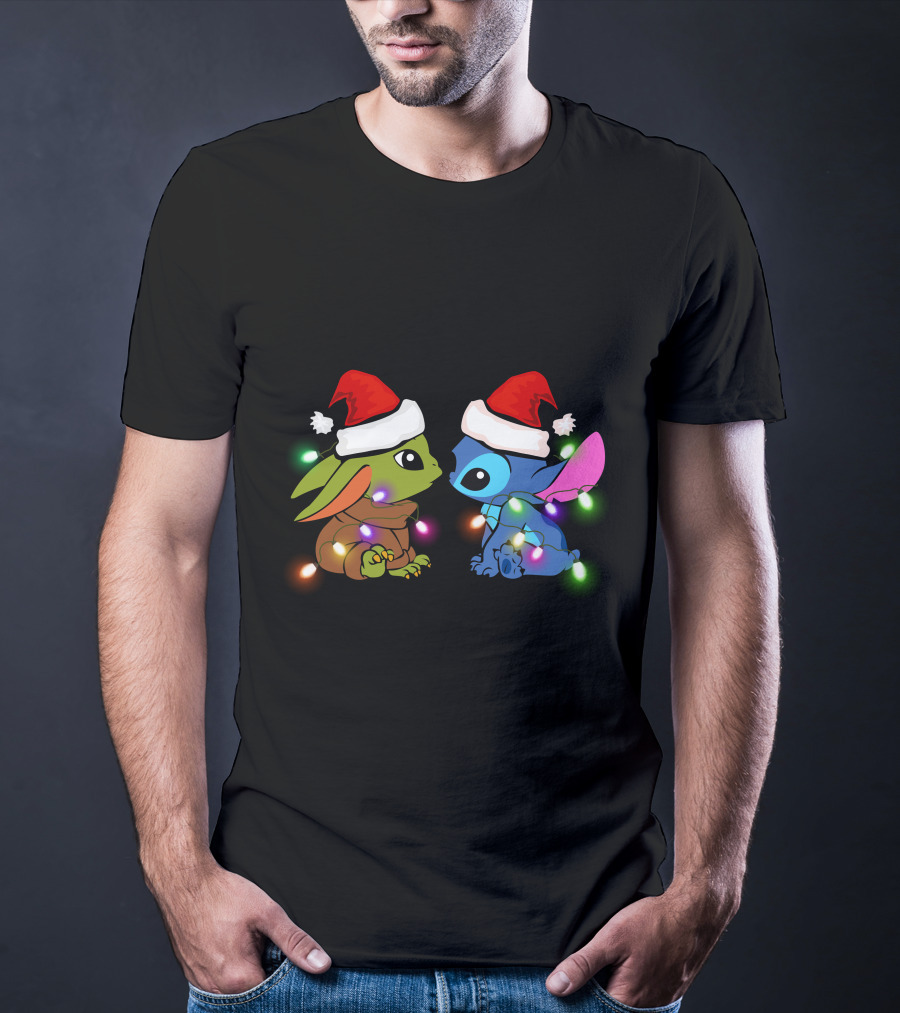 Baby Yoda And Stitch Christmas Lights Santa Hats T-Shirt