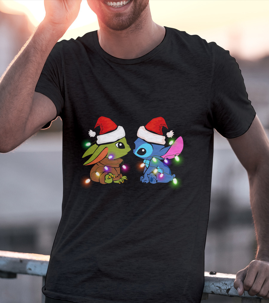 Baby Yoda And Stitch Christmas Lights Santa Hats T-Shirt