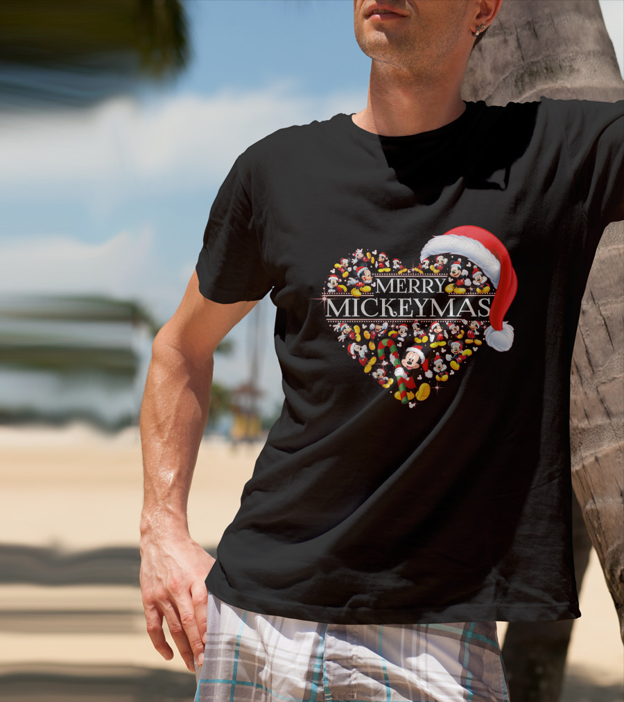 Merry Mickeymas Christmas Heart With Santa Hat And Mickey Characters T-Shirt