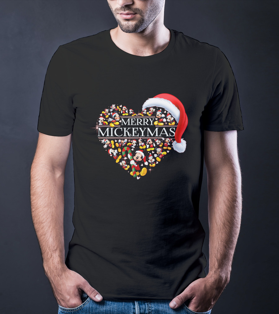 Merry Mickeymas Christmas Heart With Santa Hat And Mickey Characters T-Shirt