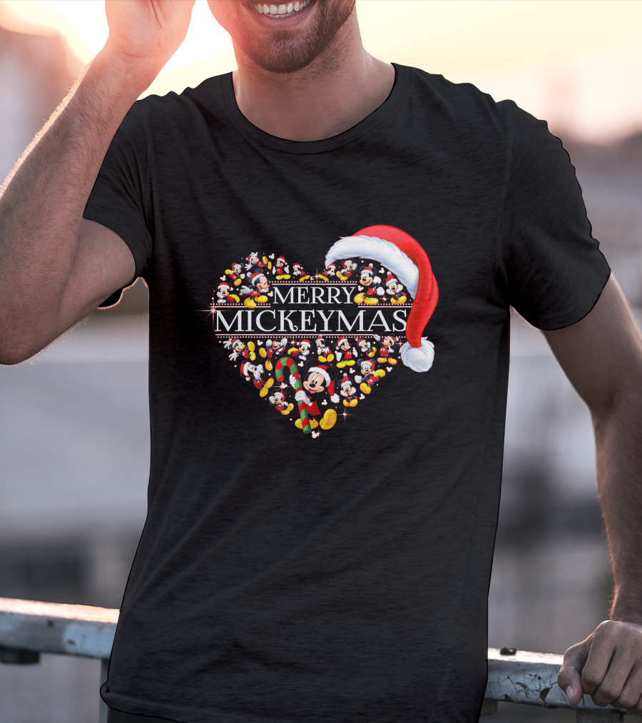 Merry Mickeymas Christmas Heart With Santa Hat And Mickey Characters T-Shirt