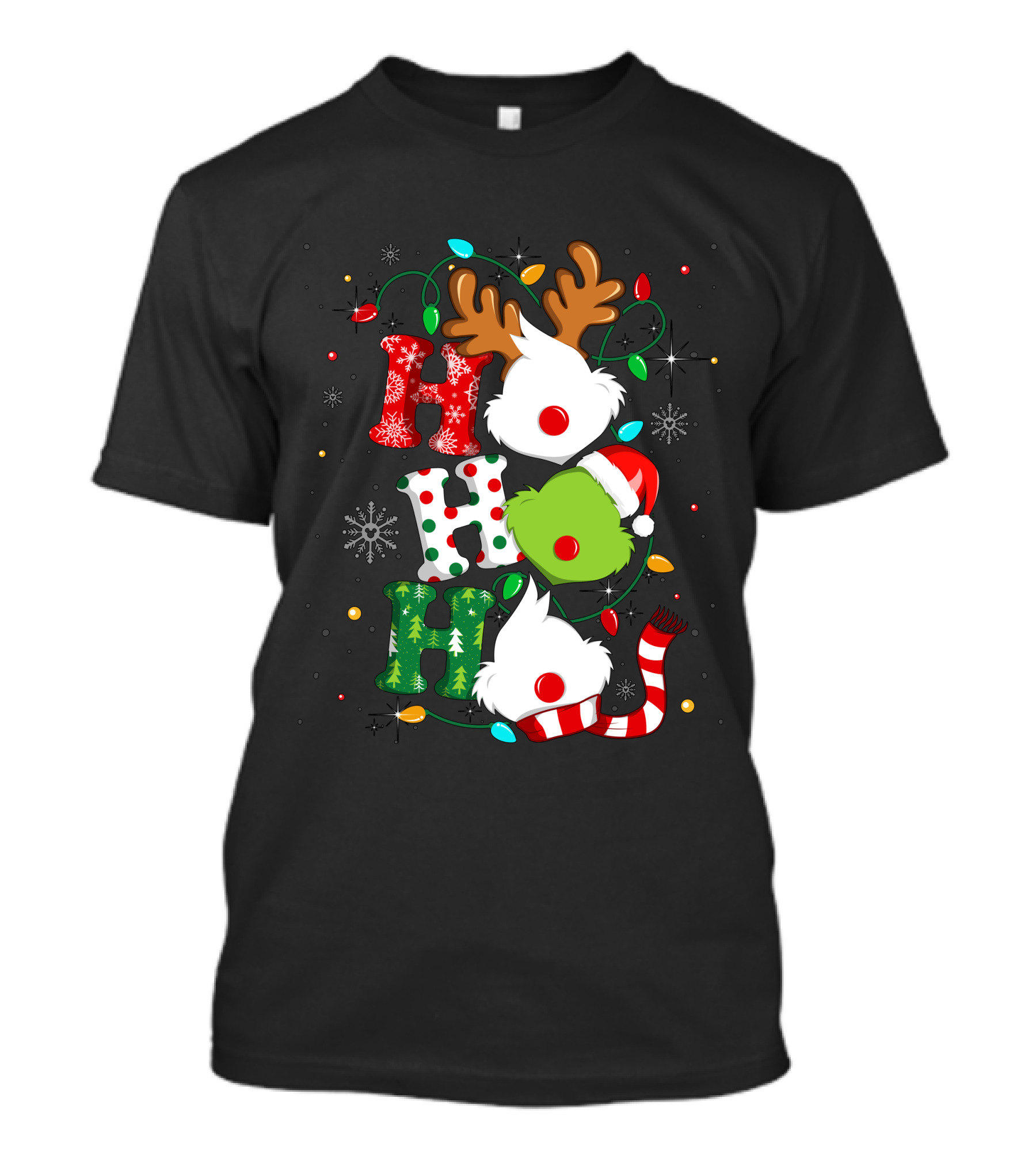 Grinch Ho Ho Ho Christmas Lights Reindeer Santa Hat Snowflakes T-Shirt