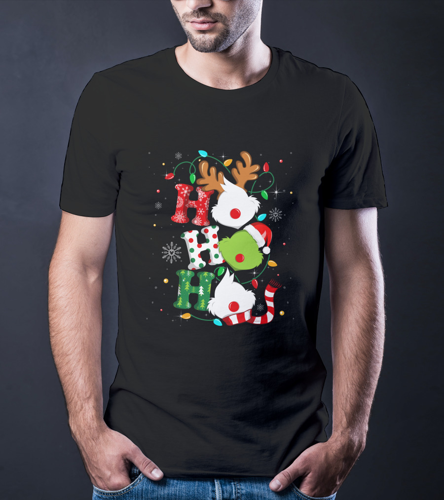 Grinch Ho Ho Ho Christmas Lights Reindeer Santa Hat Snowflakes T-Shirt