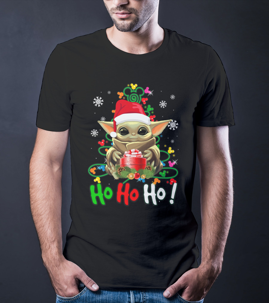 Ho Ho Ho Baby Yoda Christmas Santa Hat Gift Snowflakes T-Shirt