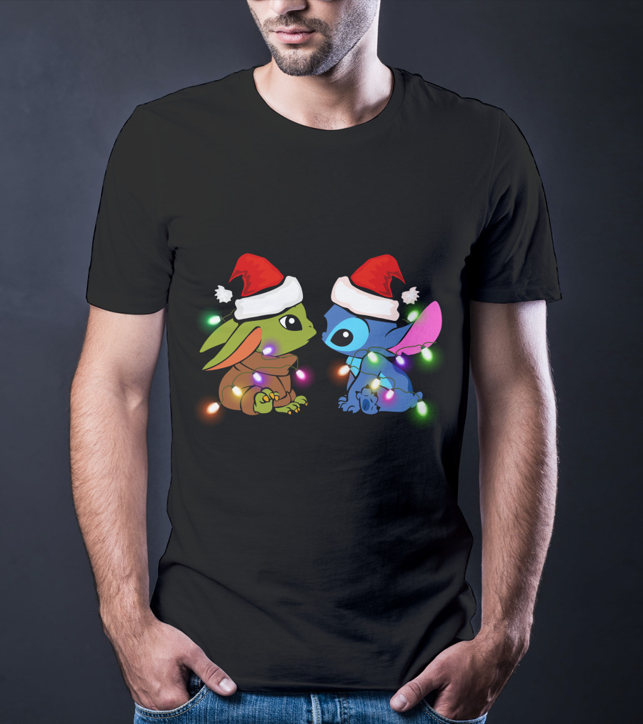 Santa Hat Baby Yoda And Stitch Christmas Lights T-Shirt