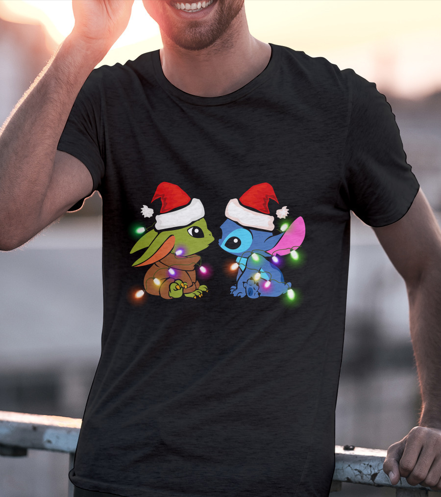Santa Hat Baby Yoda And Stitch Christmas Lights T-Shirt