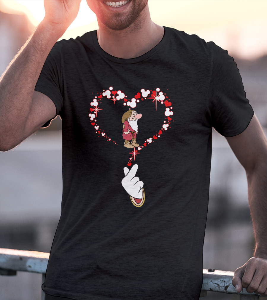 Grumpy Dwarf In Mouse Ear Heart With Iconic Glove Finger Gesture T-Shirt