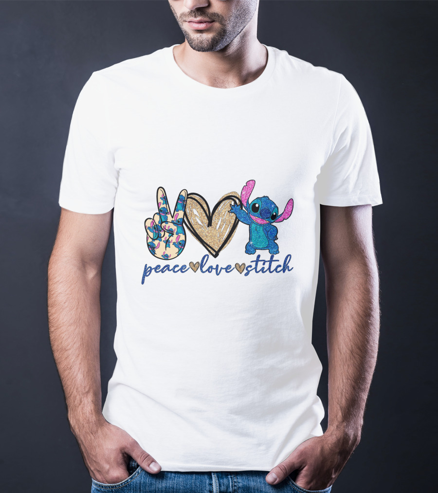 Peace Love Stitch Alien Character With Peace And Heart Symbols T-Shirt