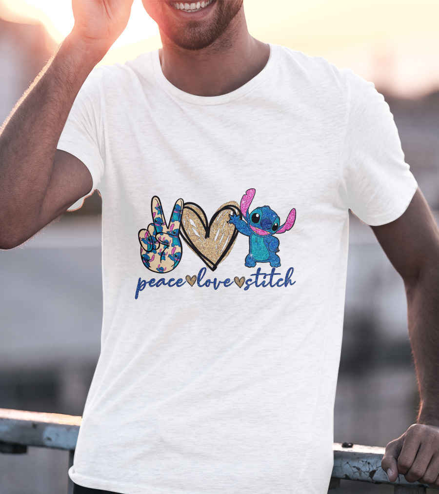 Peace Love Stitch Alien Character With Peace And Heart Symbols T-Shirt