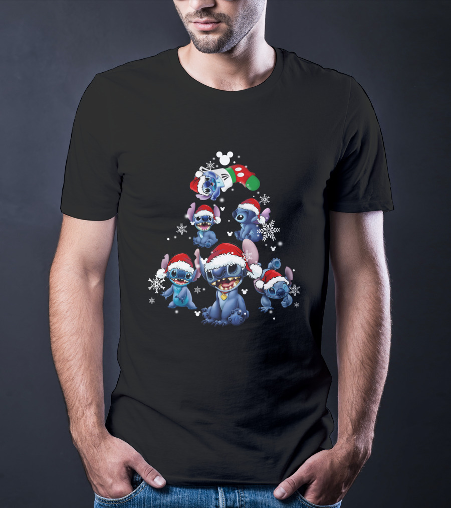 Stitch Christmas Tree With Santa Hat And Snowflakes T-Shirt