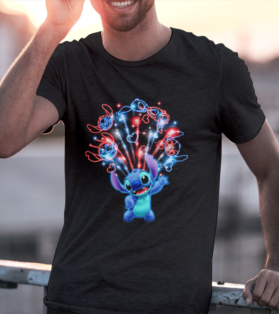 Stitch Magic Fireworks Burst Hearts And Glasses T-Shirt