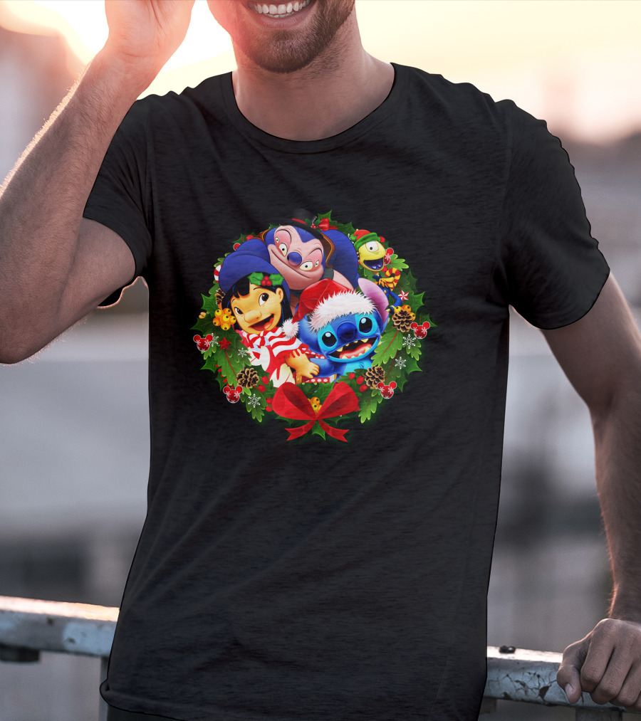 ST&FRIENDS Christmas Lilo And Stitch Holiday Wreath T-Shirt