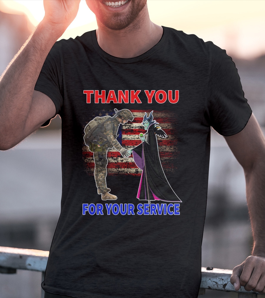 Maleficent Thank You For Your Service Soldier With American Flag Background T-Shirt
