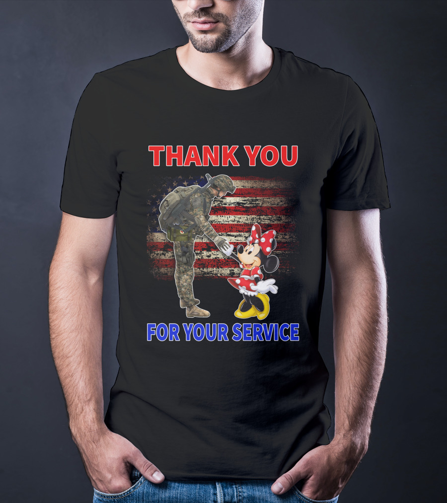 Thank You For Your Service Soldier And Minnie Mouse With American Flag Background T-Shirt