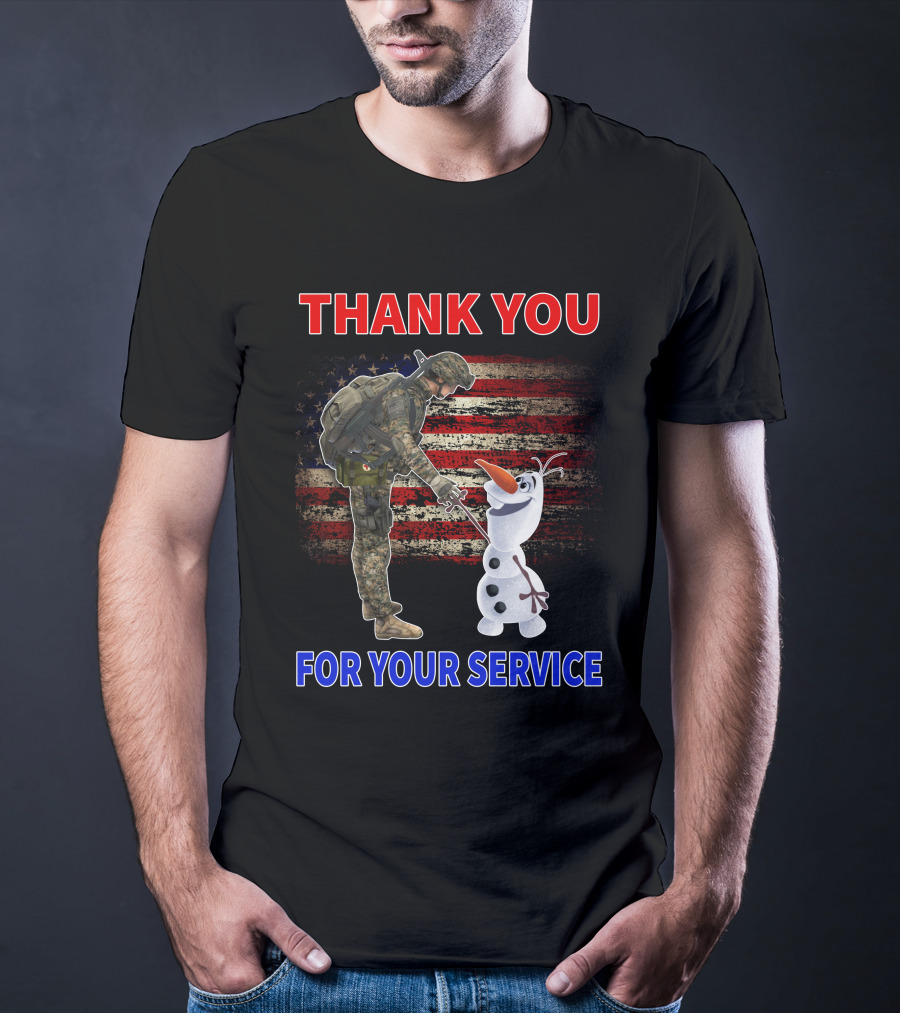 Thank You For Your Service Soldier With Olaf And American Flag T-Shirt