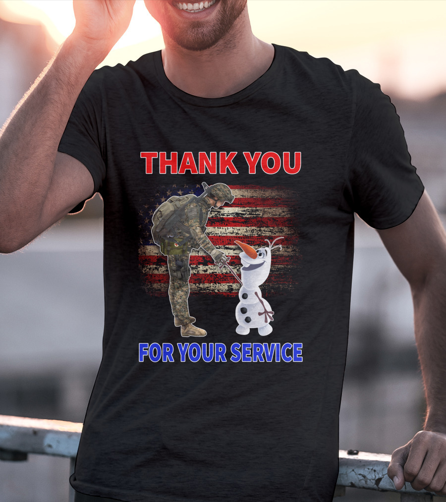 Thank You For Your Service Soldier With Olaf And American Flag T-Shirt