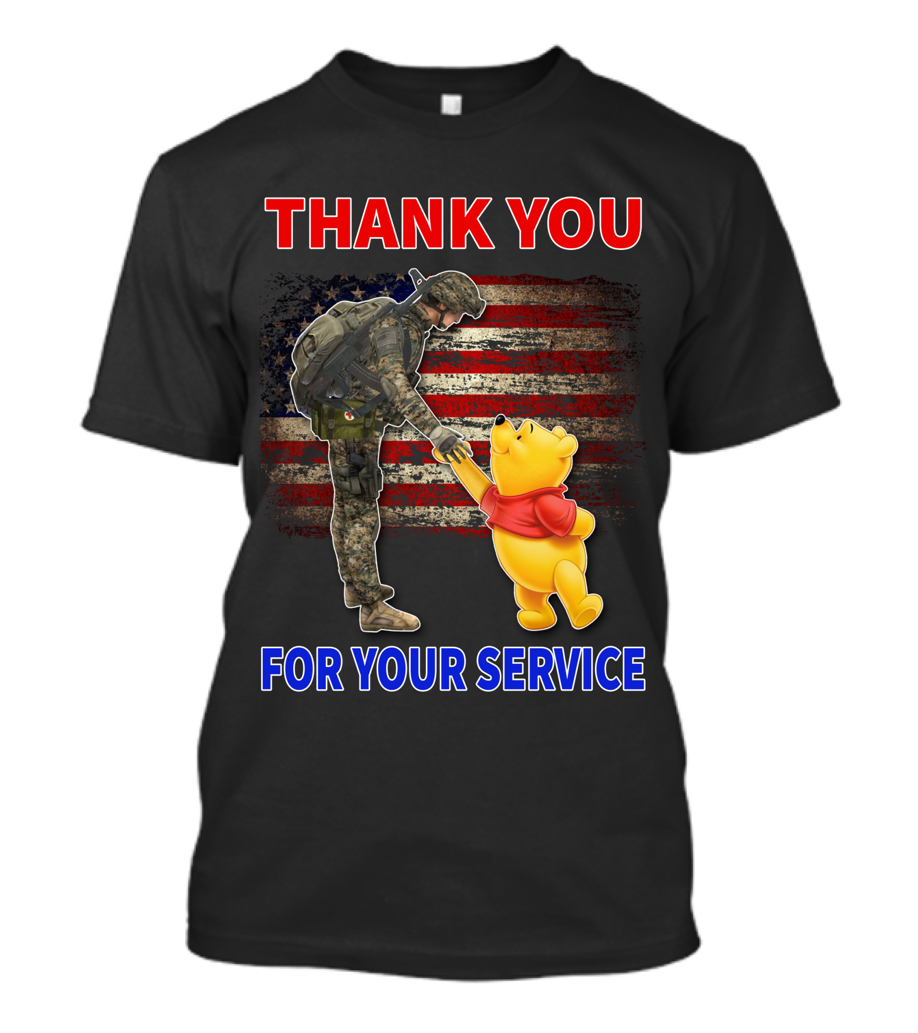 Thank You For Your Service Soldier And Pooh With American Flag Background T-Shirt