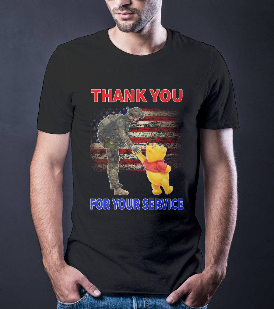 Thank You For Your Service Soldier And Pooh With American Flag Background T-Shirt