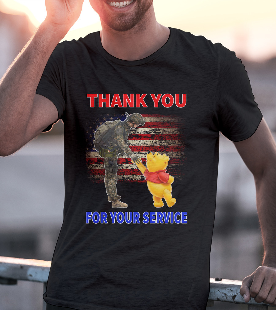 Thank You For Your Service Soldier And Pooh With American Flag Background T-Shirt