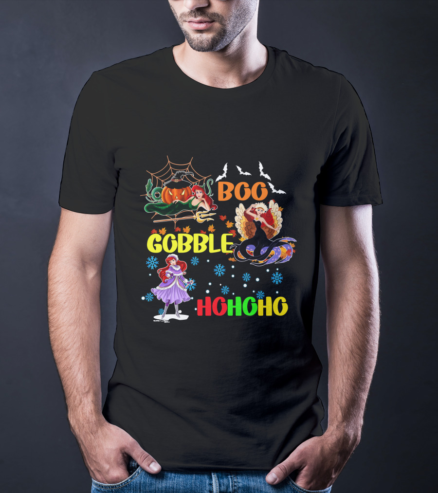 Boo Gobble HoHoHo Ariel HalloThanksMas T-Shirt