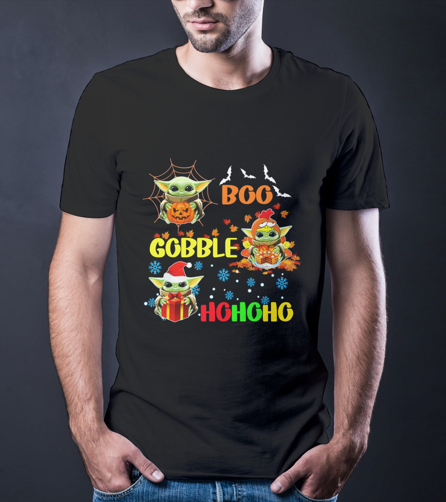 Baby Yoda Boo Gobble HoHoHo HalloThanksMas T-Shirt