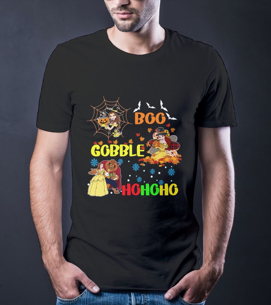 Boo Gobble Hohoho Belle HalloThanksMas T-Shirt