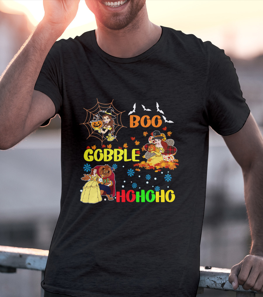 Boo Gobble Hohoho Belle HalloThanksMas T-Shirt