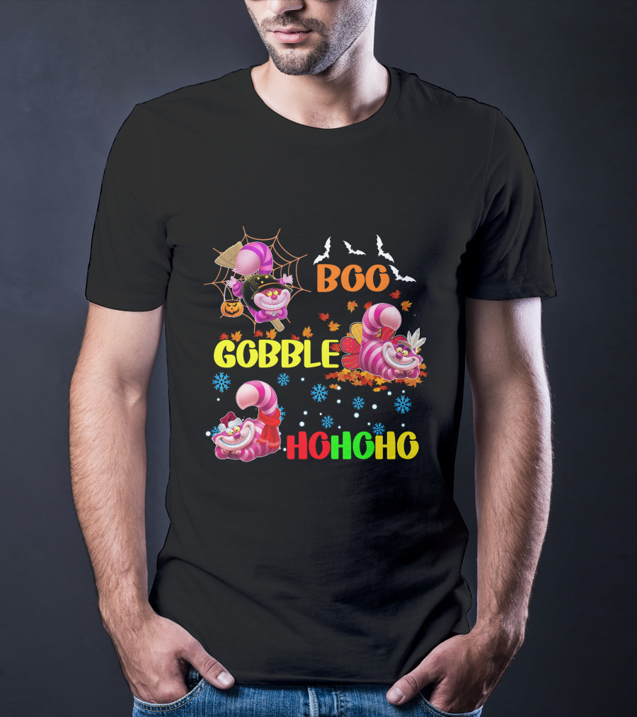 Cheshire Cat Boo Gobble HoHoHo HalloThanksMas T-Shirt