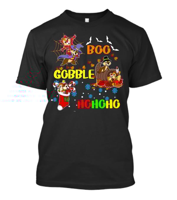 Chip And Dale Boo Gobble HoHoHo Halloween Thanksgiving Christmas T-Shirt