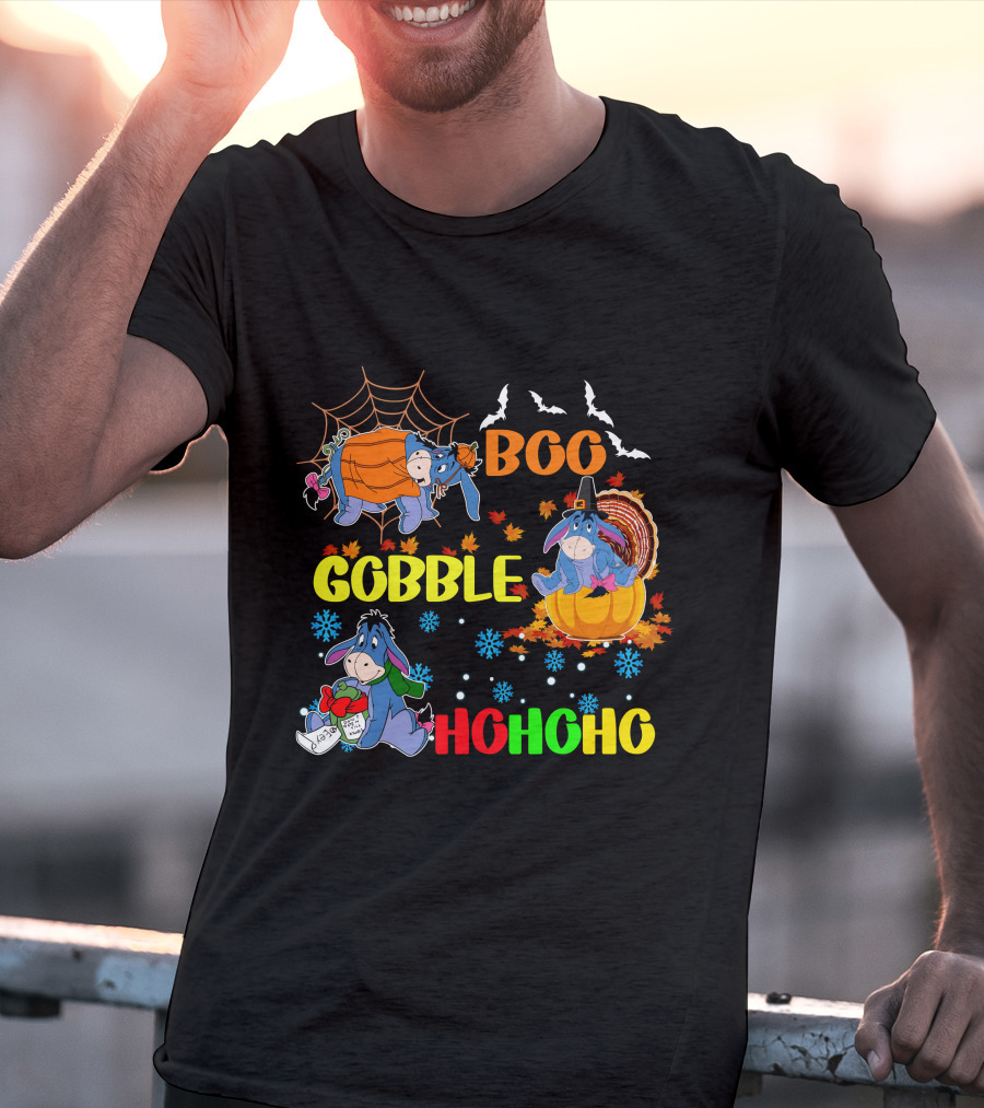 Eeyore Boo Gobble HoHoHo HalloThanksMas T-Shirt