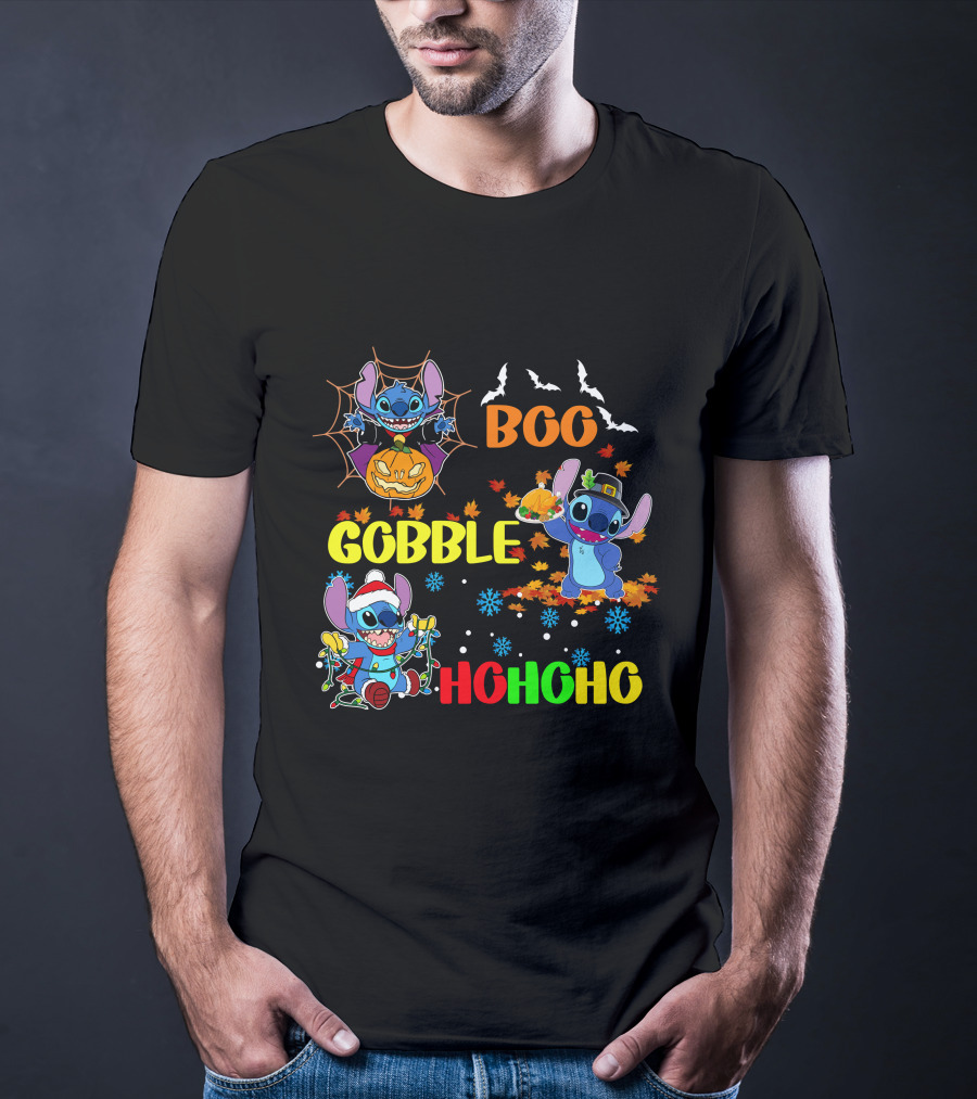 Stitch Boo Gobble Ho Ho Ho HalloThanksMas T-Shirt