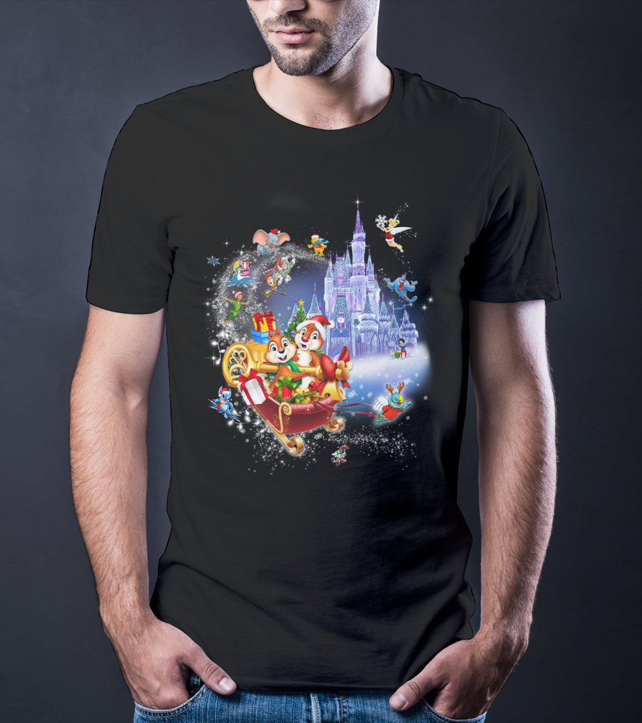 Chip And Dale Christmas Castle With Sleigh And Gifts T-Shirt