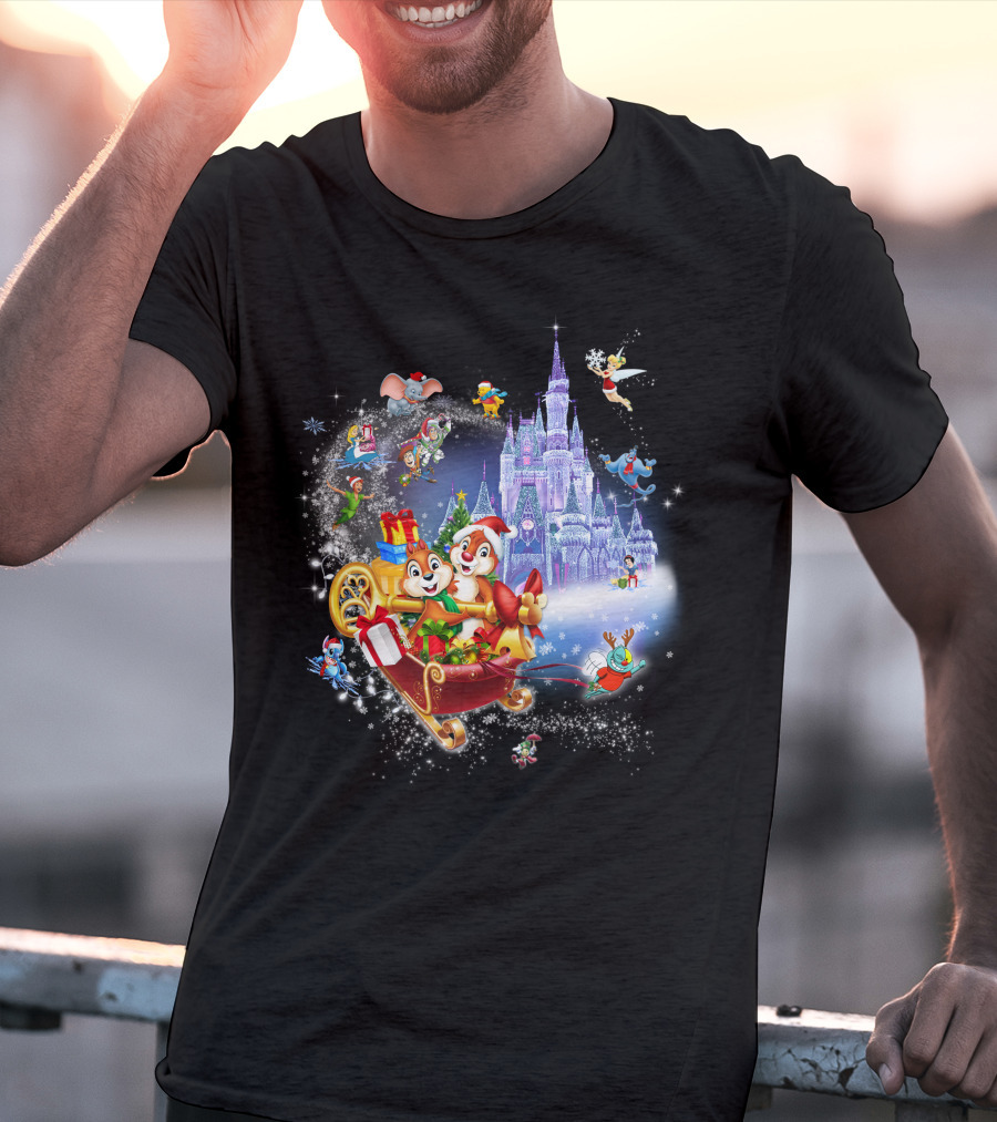 Chip And Dale Christmas Castle With Sleigh And Gifts T-Shirt