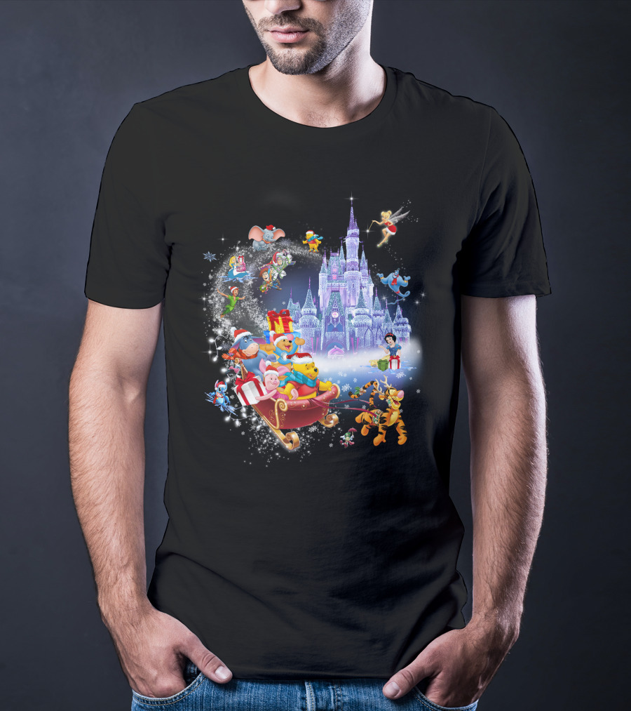 Pooh Christmas Disney Winter Wonderland With Castle And Characters T-Shirt