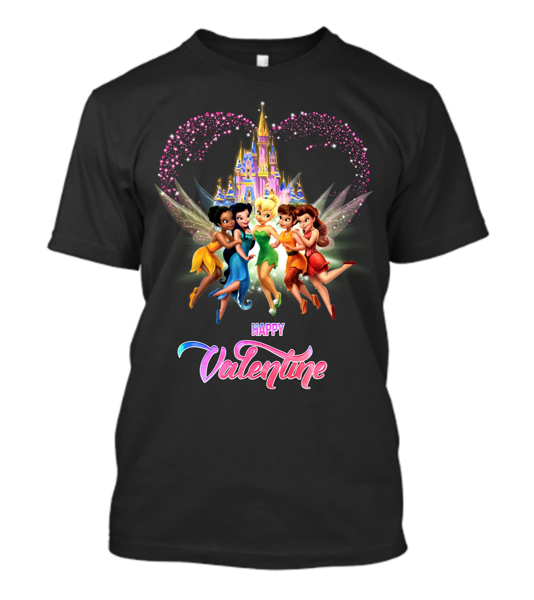 Happy Valentine Tinkerbell And Friends With Castle And Heart Magic T-Shirt
