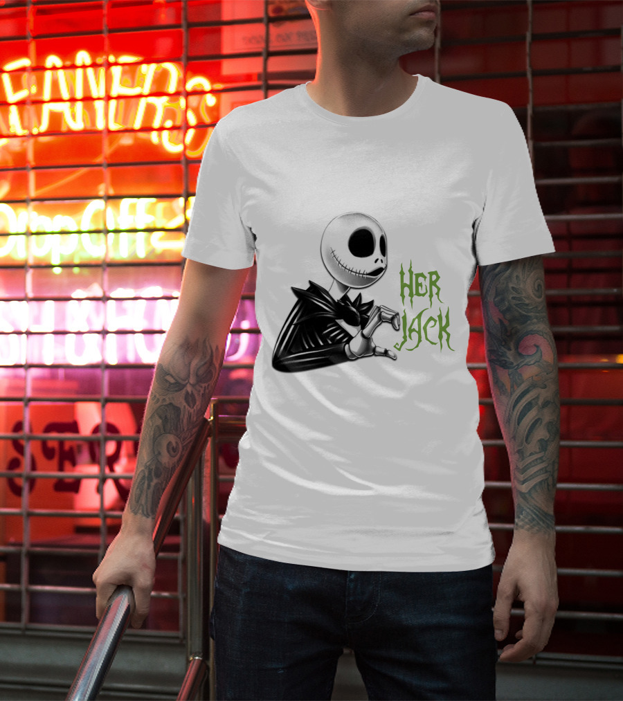 Her Jack Skeleton Character Sketch Black And White Green Lettering T-Shirt